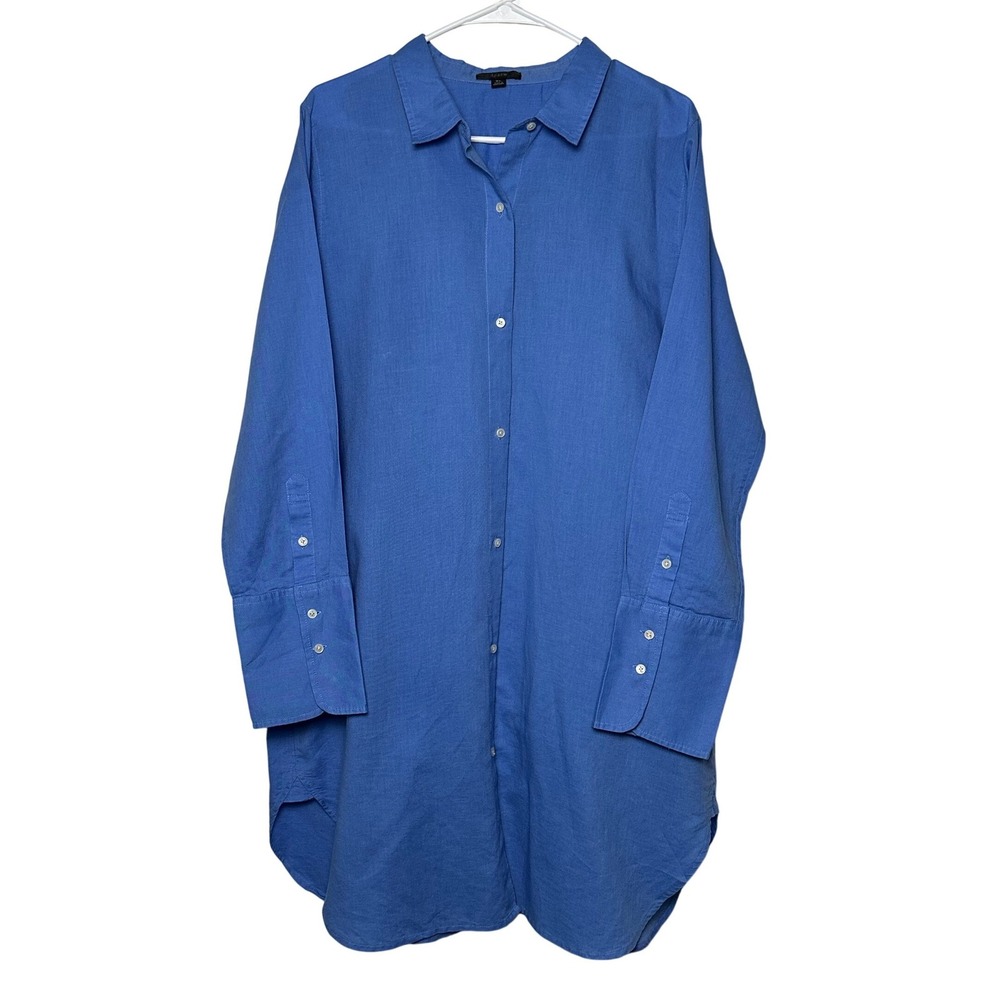 J.Crew Women's Long Sleeve Linen Cotton Blend Button Down Shirt Dress Blue XL
